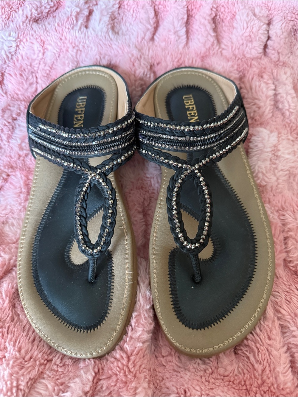 Black Beaded T-Strap Women’s Sandals